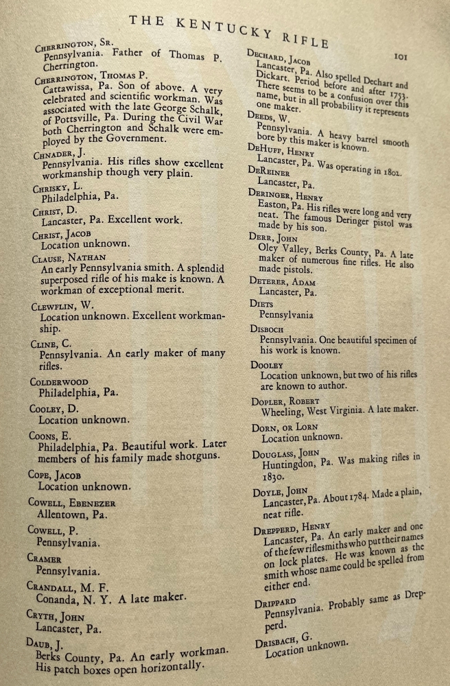 Continuation of the list of American gunmakers, from Cherrington, Sr. to Drisbach, G. 