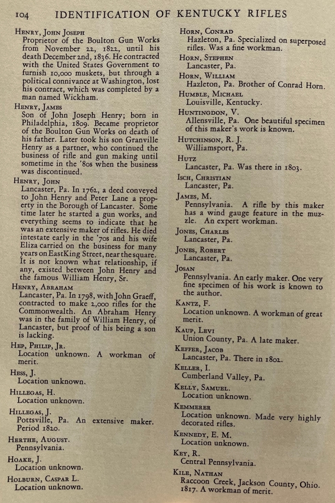 Continuation of the list of American gunmakers, from John Joseph Henry to Nathan Kile.