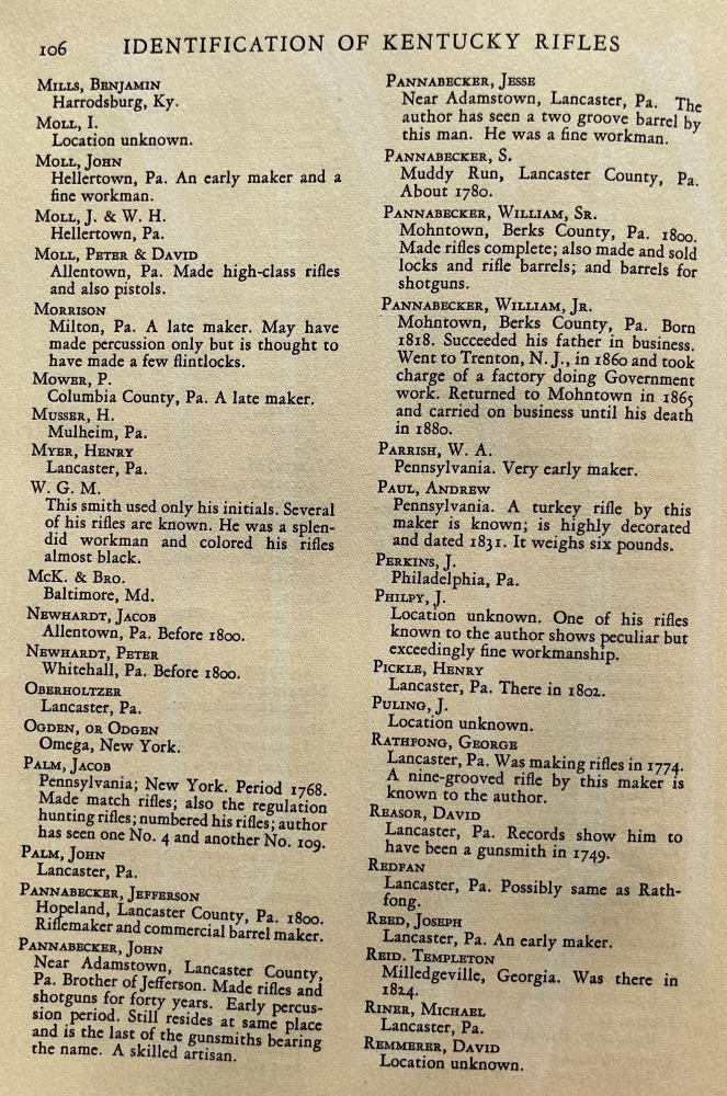 Page 106: a listing of early makers of American muzzle loading rifles.