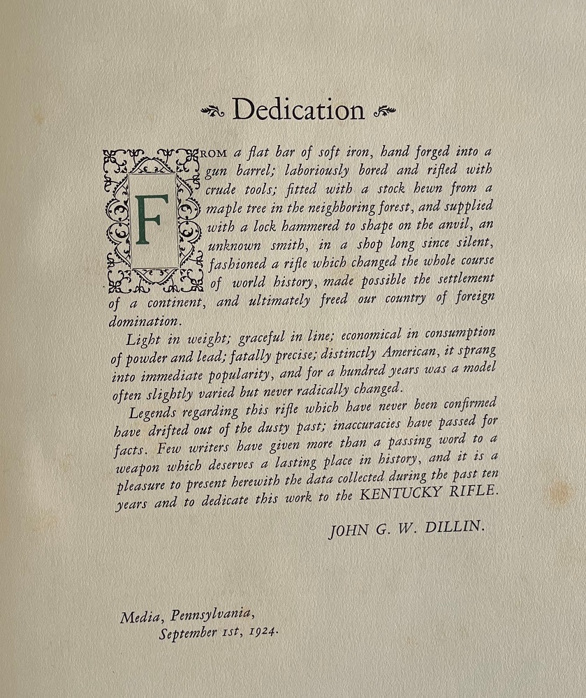 The dedication page of the book The Kentucky Rifle.