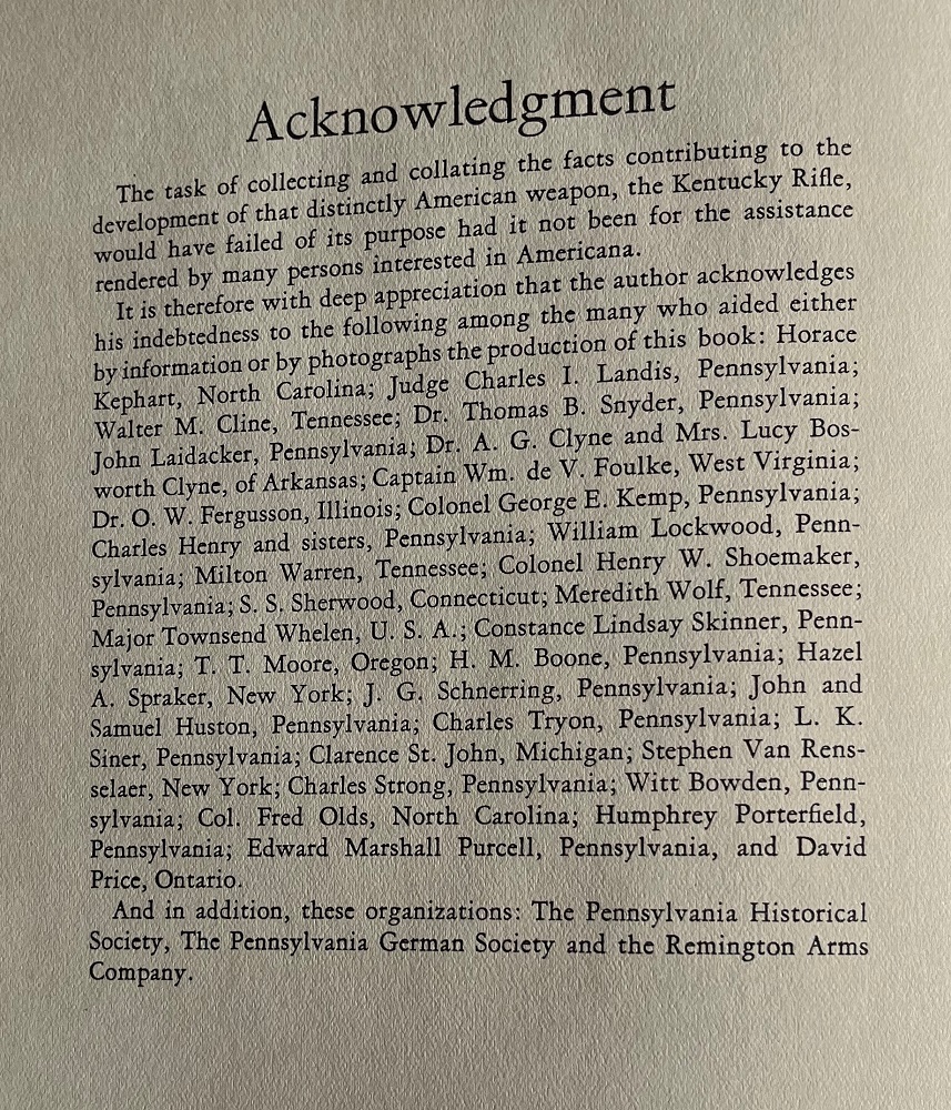 the Acknowledgements page of the 1924 book The Kentucky Rifle.