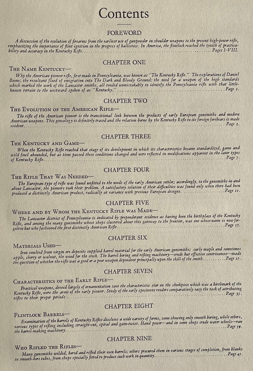 The beginning of the Table of Contents of the 1924 book The Kentucky Rifle.