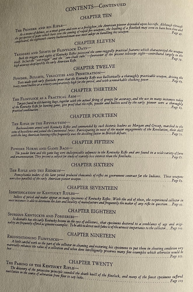 The second page of the Table of Contents of the 1924 book The Kentucky Rifle. 