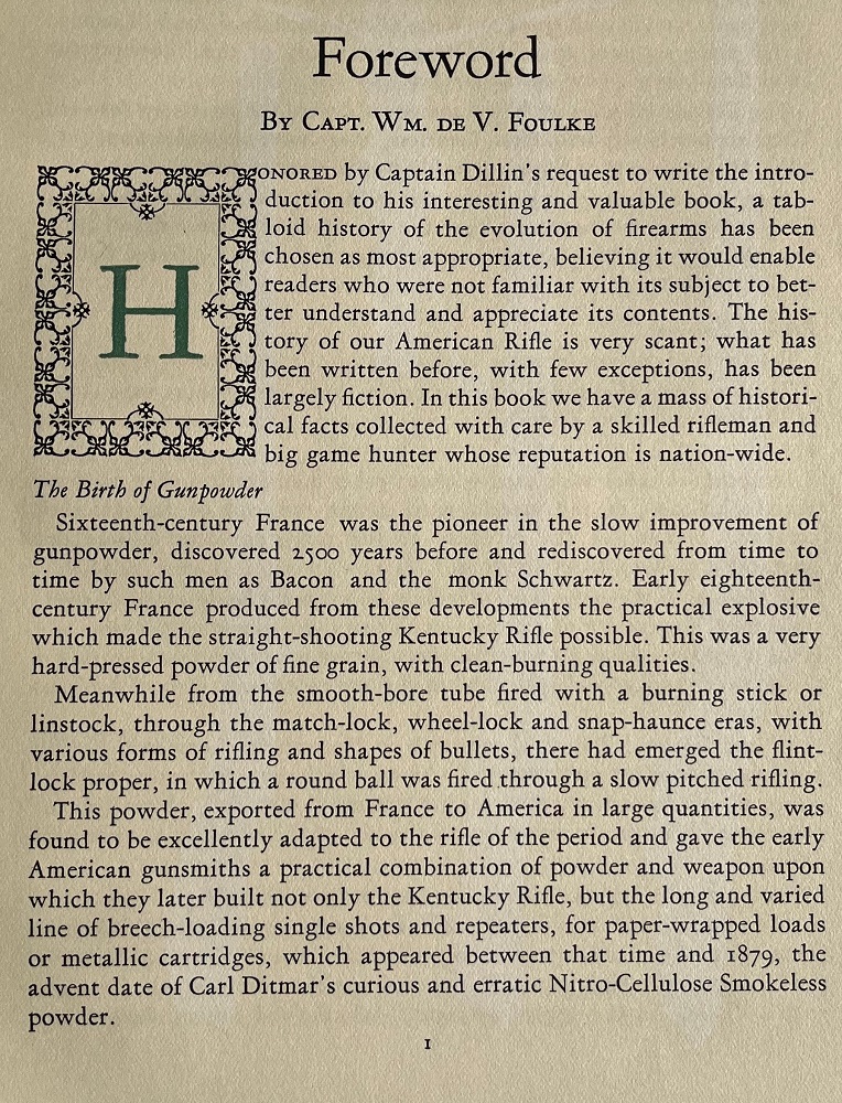The first page of Captain Foulke's Foreword to the book The Kentucky Rifle.