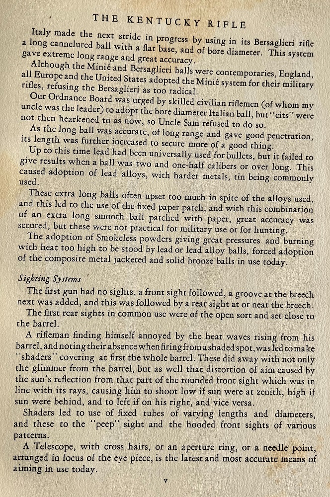  From Captain Foulke's Foreword to the book The Kentucky Rifle, discussing advances in projectiles.
