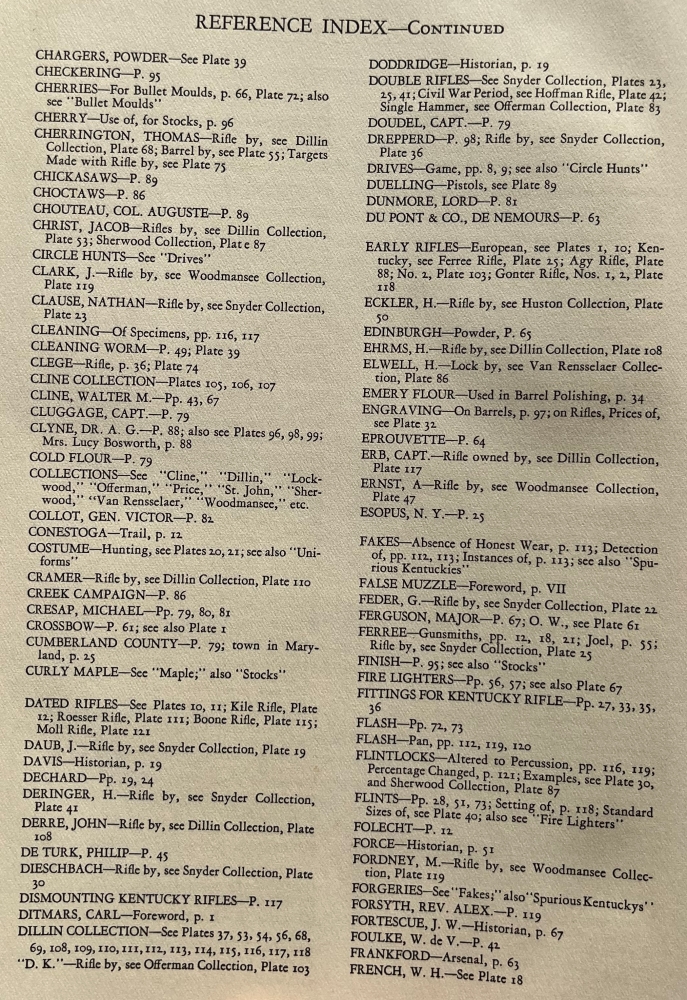 An index page of the 1924 book The Kentucky Rifle (first edition).