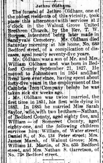 The 1902 obituary of Jethro Oldham. 