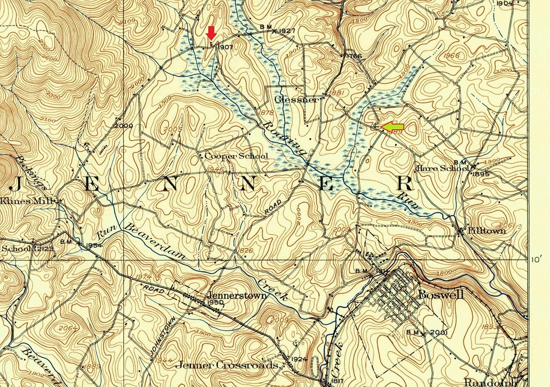 This excerpt from a topographic map shows the location of the church that is located on or near the Jenner Township farm William Rose lost.