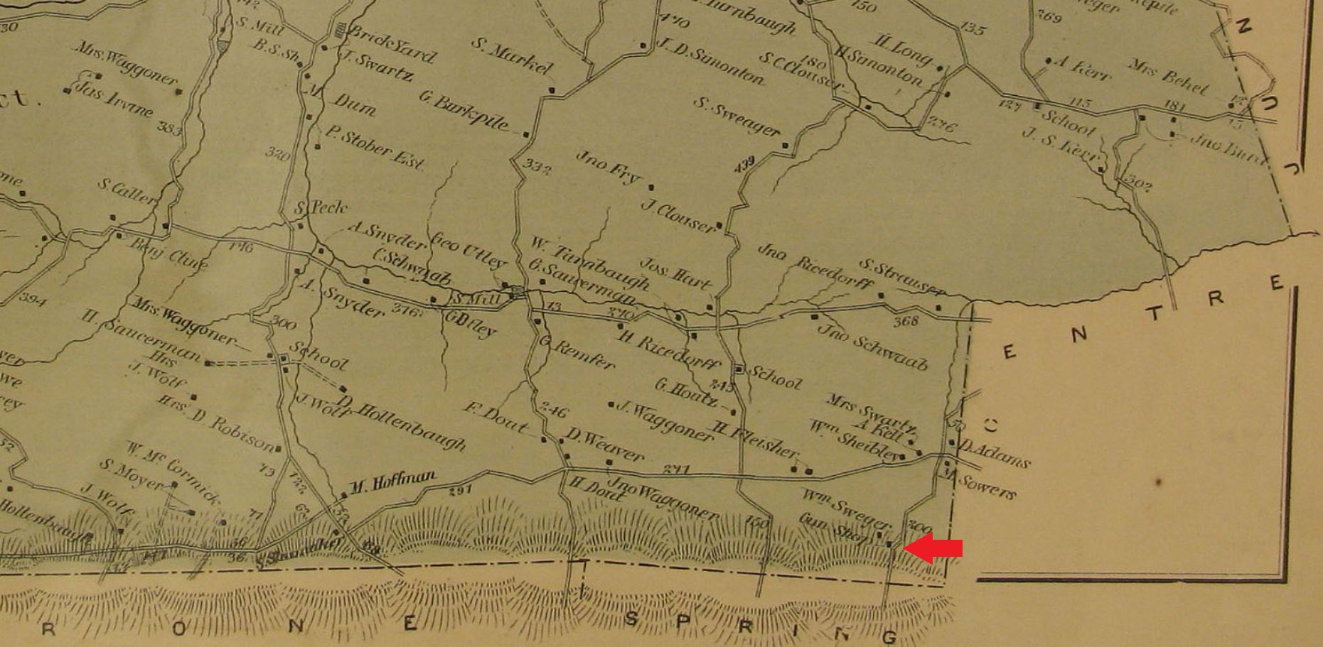 An 1877 map of Saville Township, Perry County, Pennsylvania showing the gun shop of the gunsmith William Sweger.