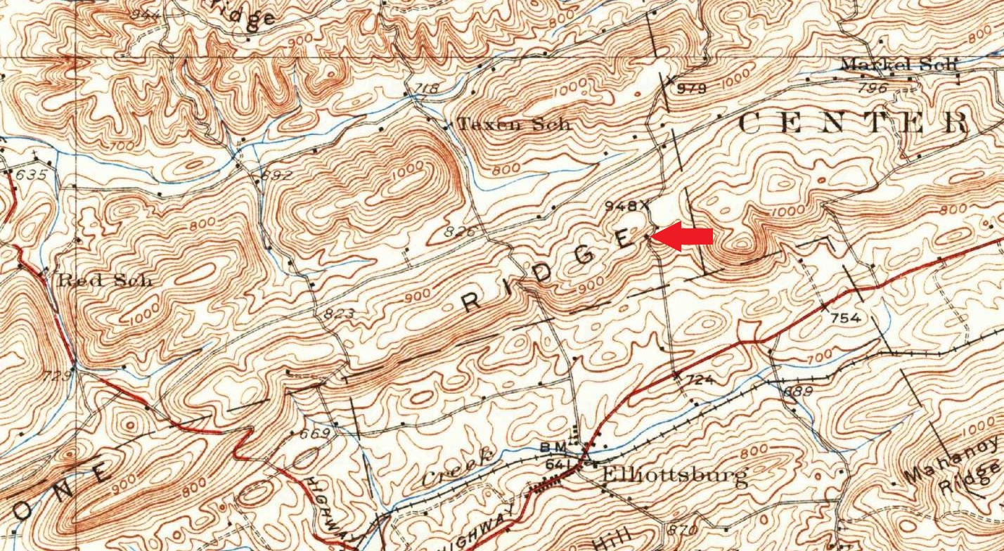 Topographic map showing terrain in the vicinity of the William Sweger farm.
