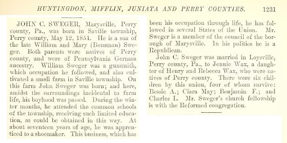 A biography of John C. Sweger from Volume 2 of the 1897 book Commemorative Biographical Encyclopedia of the Juniata Valley...