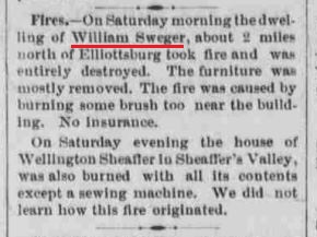 An 1881 newspaper article reports that William Sweger's home was destroyed by fire.