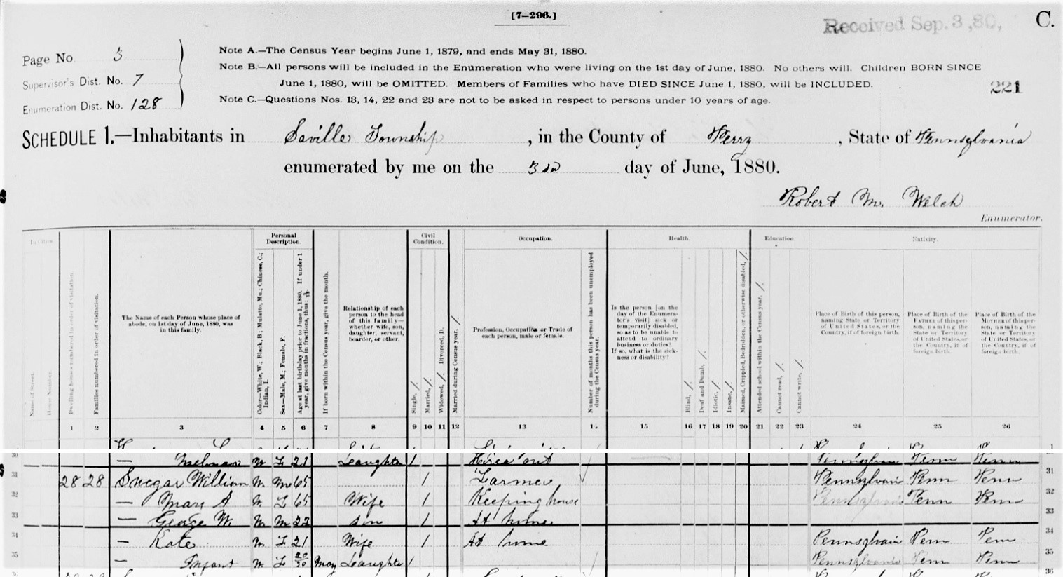 This excerpt from the 1880 federal census of Saville Township, Perry County, Ohio identifies William Sweger as a 65-year-old farmer.