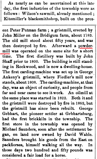 A history book excerpt that mentions a gunpowder mill in Somerset County, Pennsylvania.