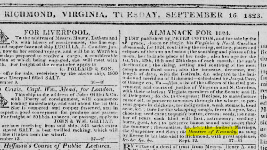 A reference to 'The Hunters of Kentucky' song in an 1823 newspaper.