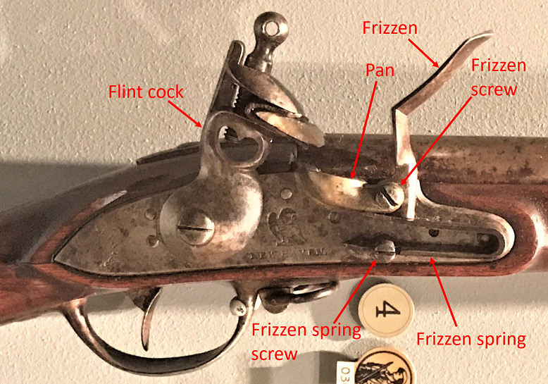 Flintlock on a 1798 contract musket by Eli Whitney.