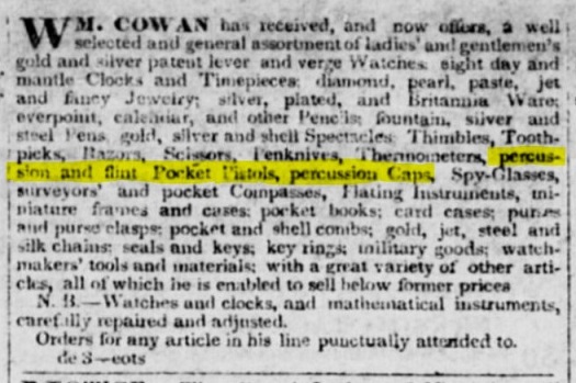 newspaper ad for percussion caps and both flint and percussion pistols.
