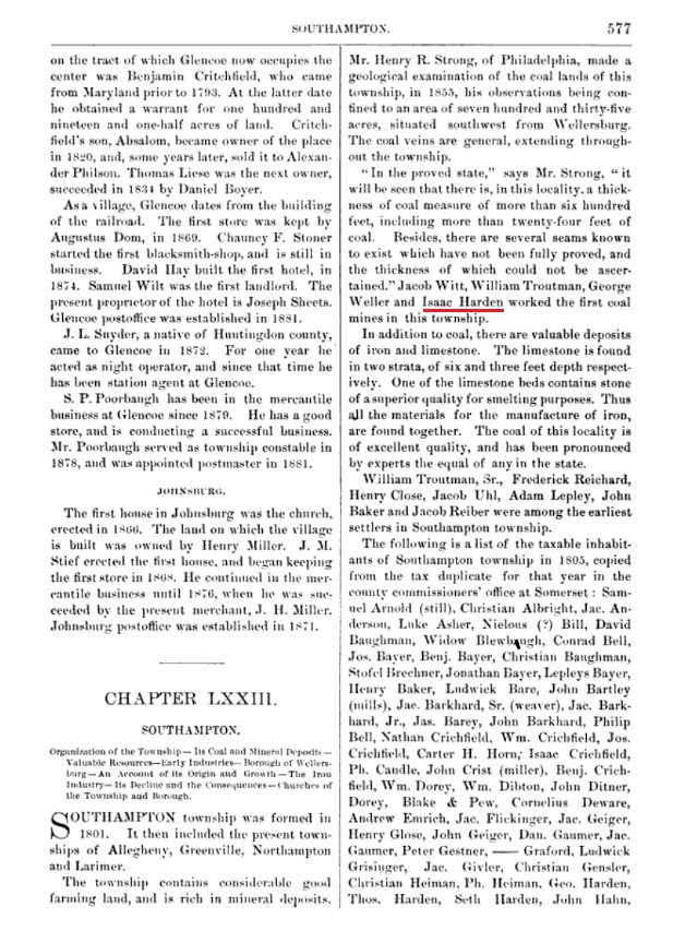 Isaac Harden in 1884 history book, page 577