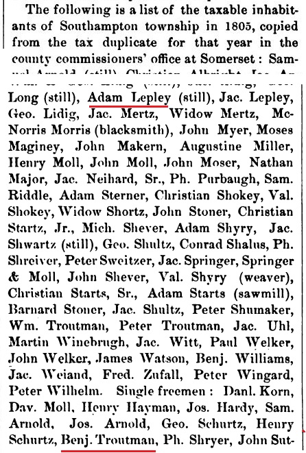 List of the taxables of Southampton Township lists Adam Lepley with a still.