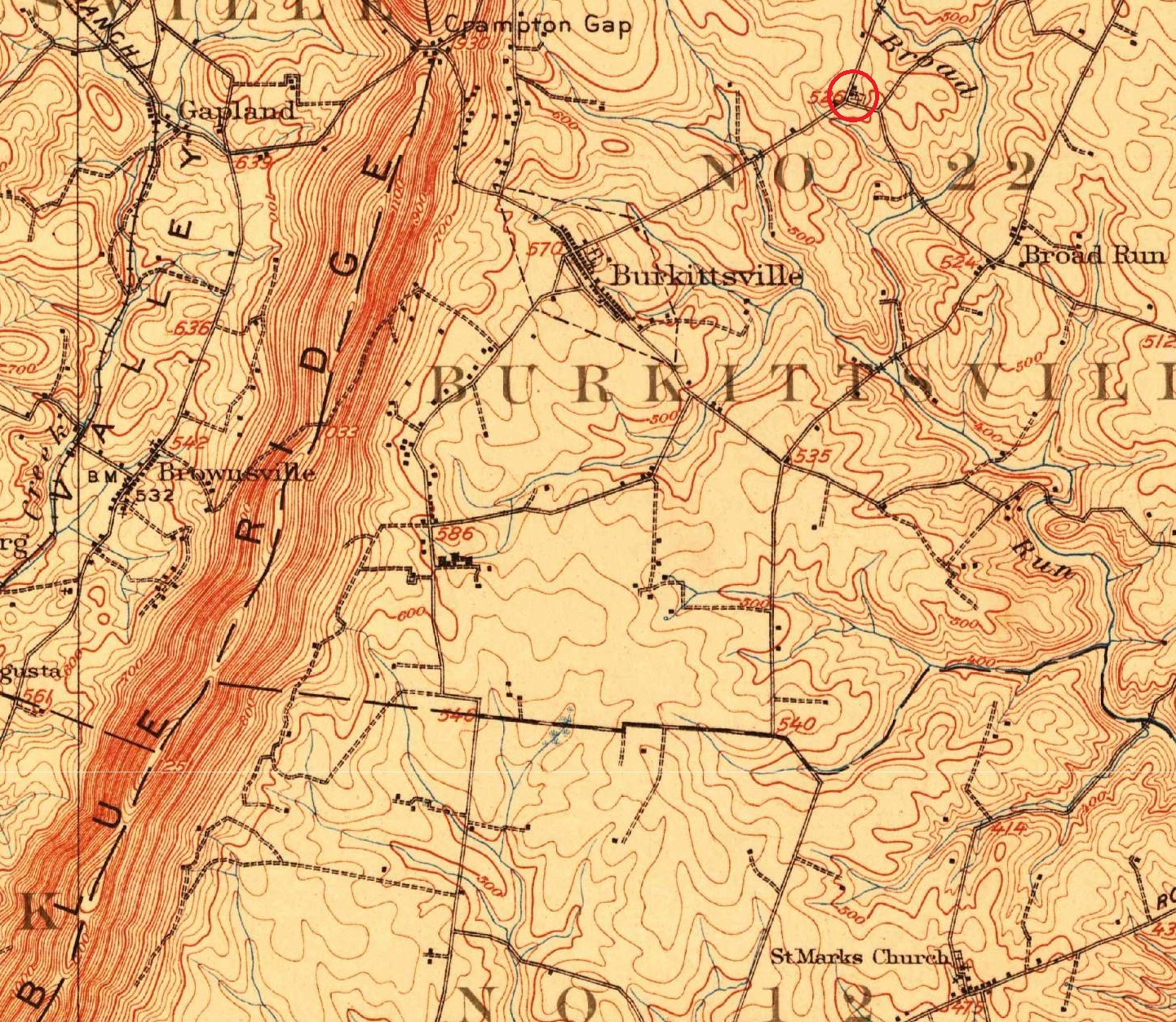 Topographic map showing the locations of Burkittsville and Broad Run.