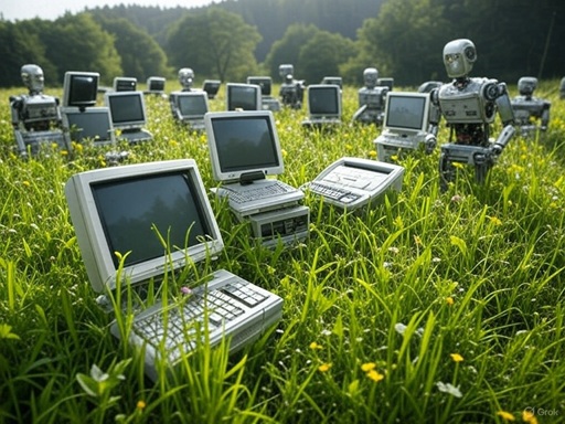 Robots and computers in a meadow.