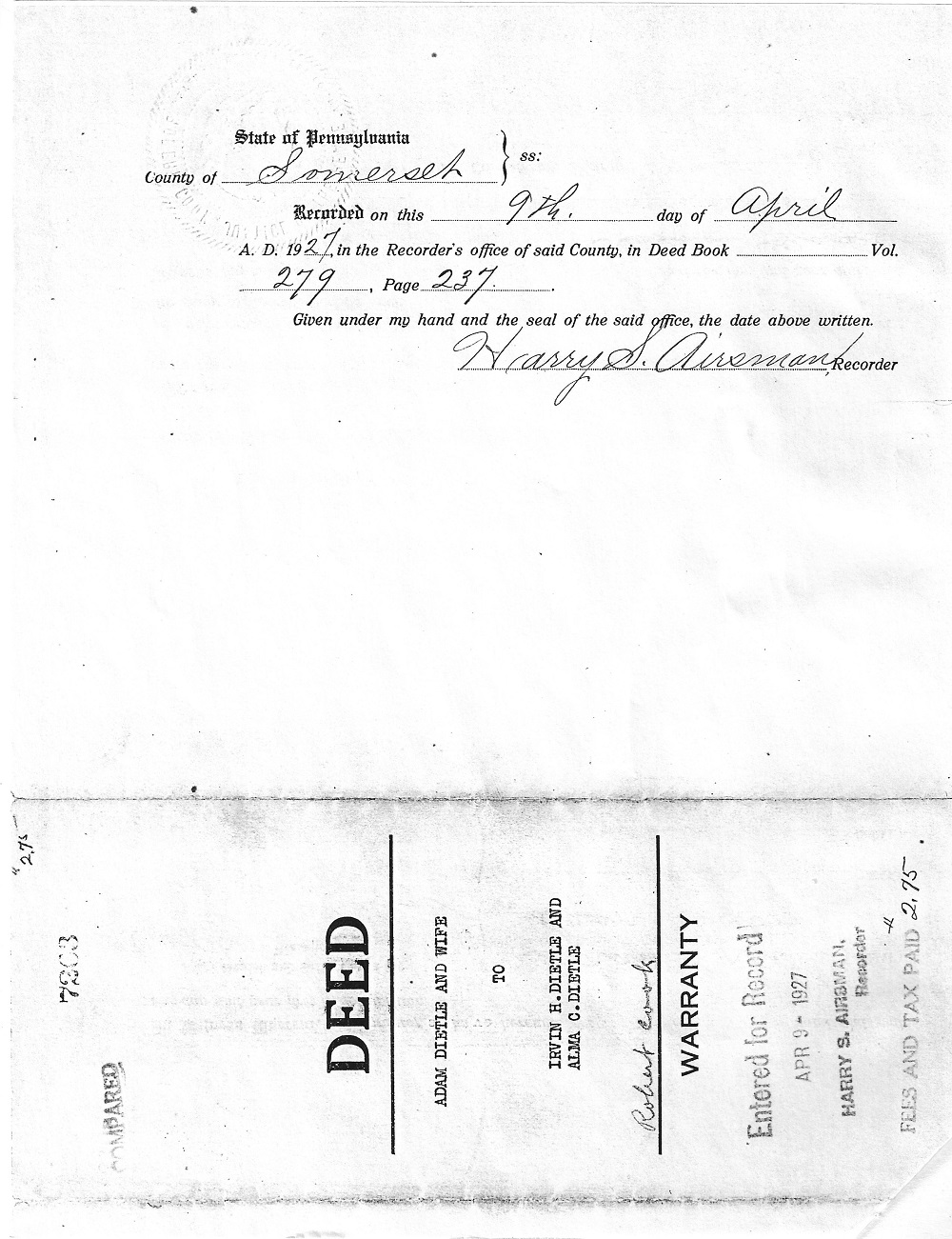 001- 1927 Somerset County deed to Irvin Henry Dietle.