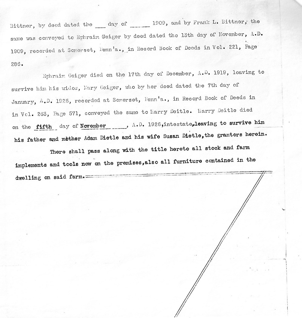 001- 1927 Somerset County deed to Irvin Henry Dietle.