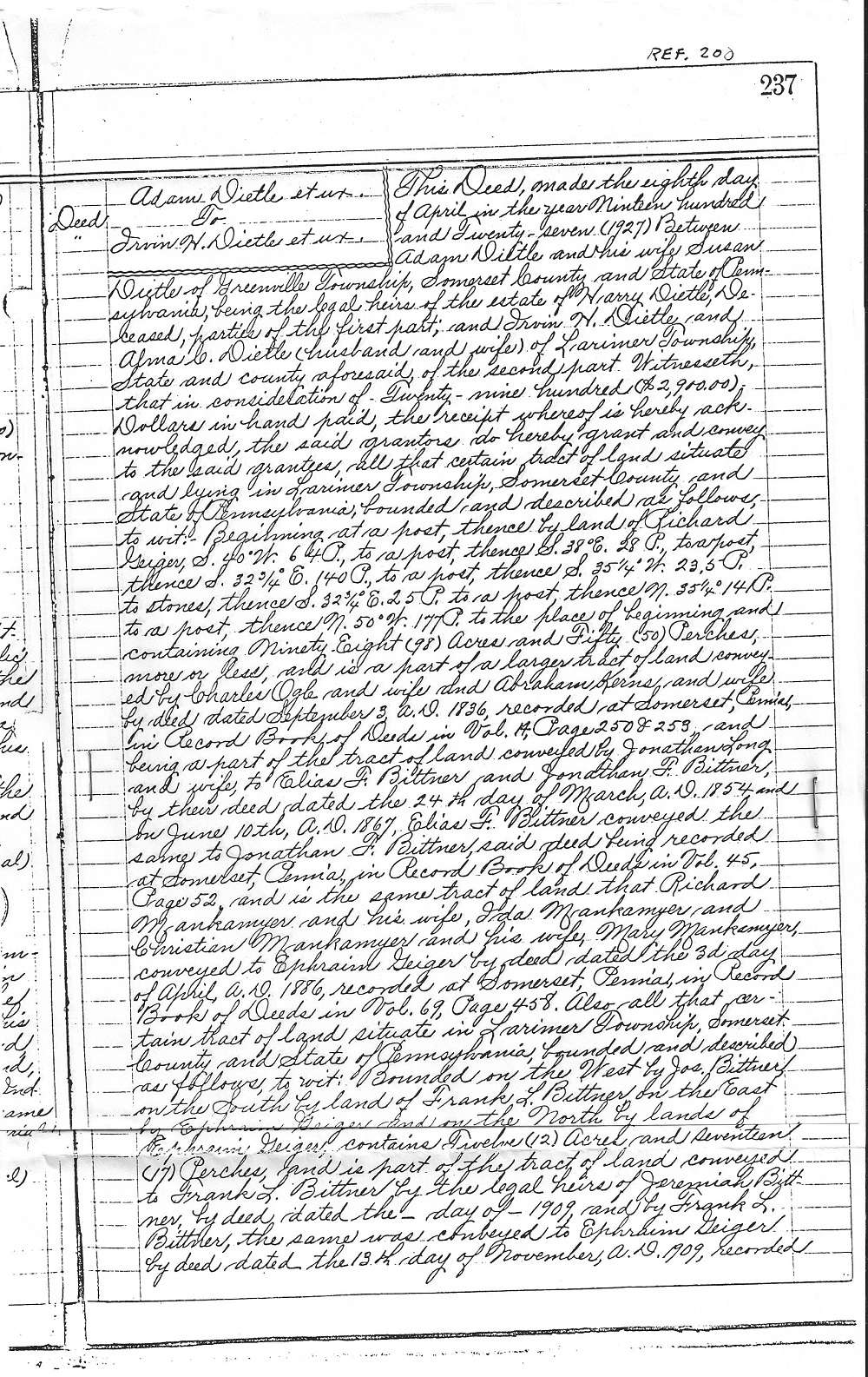Page 237, 1927 deed to Irvin Dietle for his Larimer Township, Somerset County, PA farm.