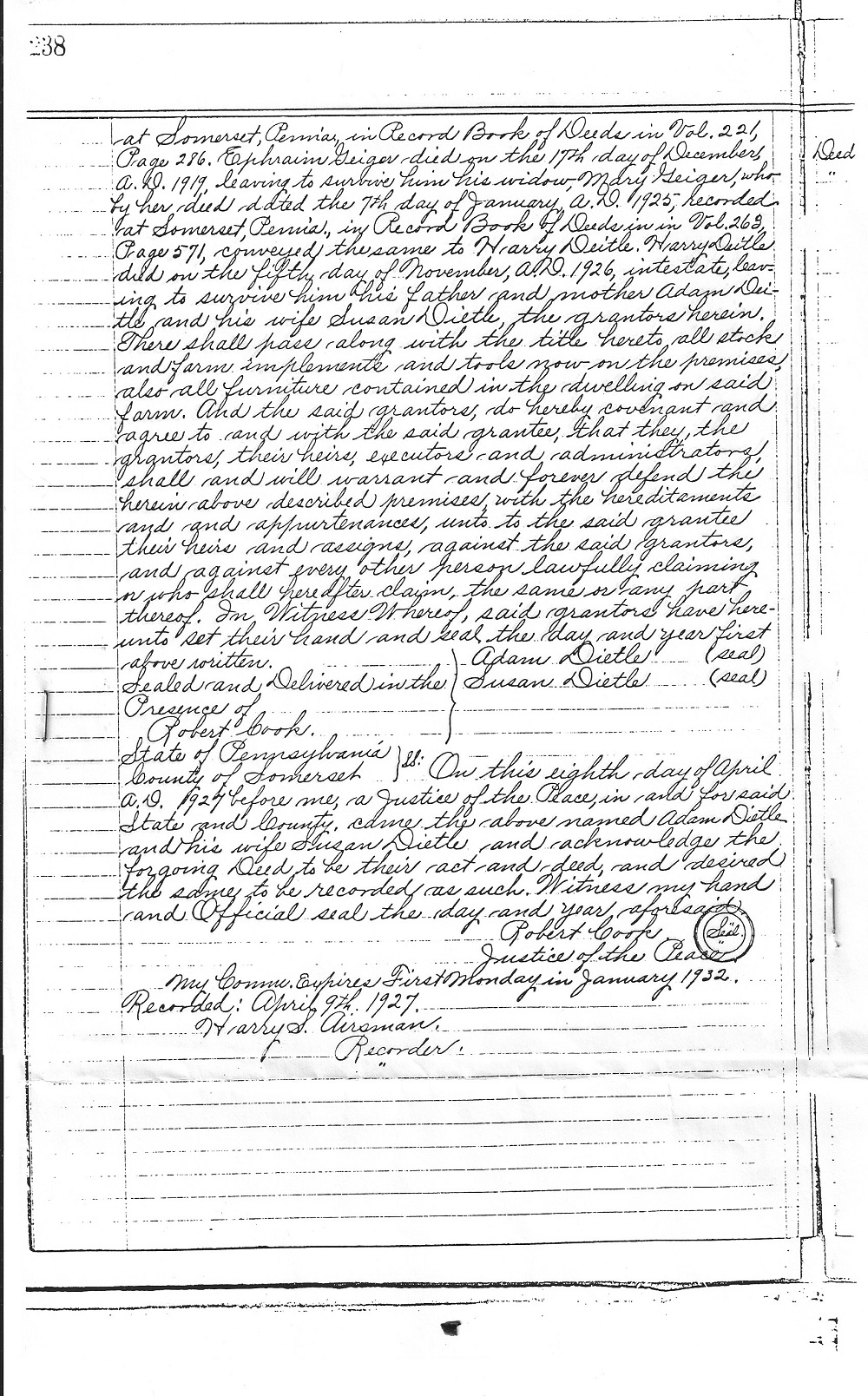 Page 238 of a 1927 Somerset County deed to Irvin Henry Dietle.