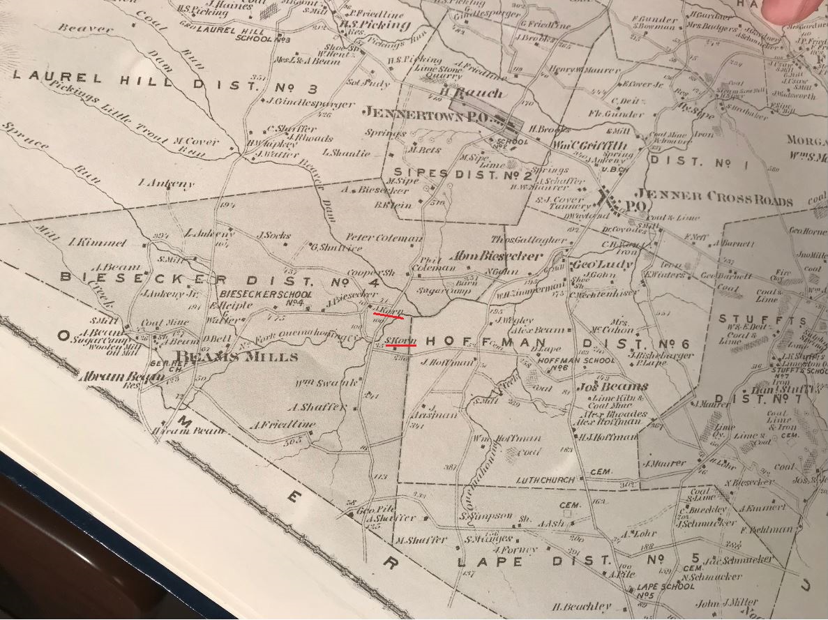 Map of Alexander & Simon Korn farms, Jenner Township, Somerset County, PA.