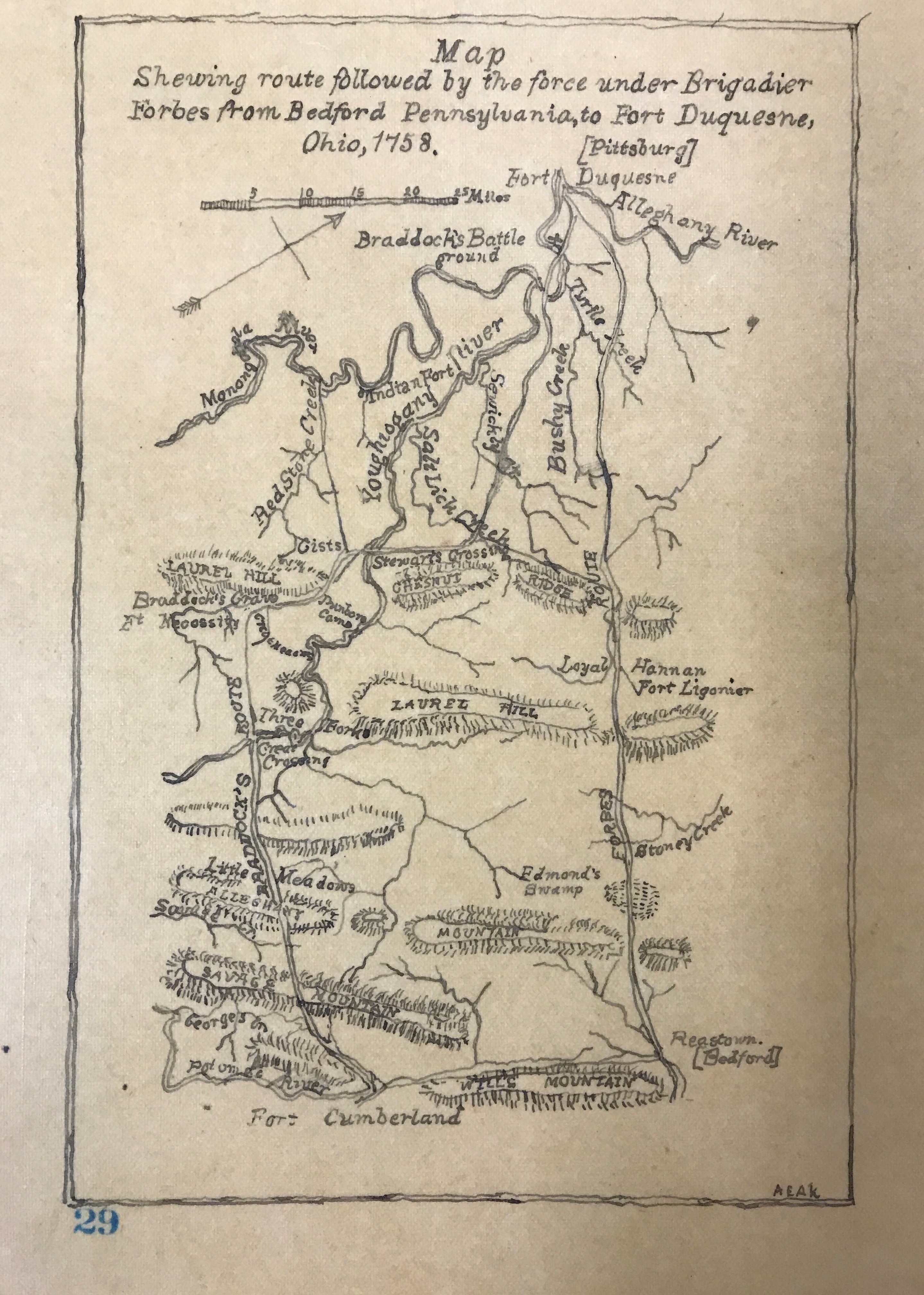 Aeak map of the route followed from Bedford by Forbes in 1758