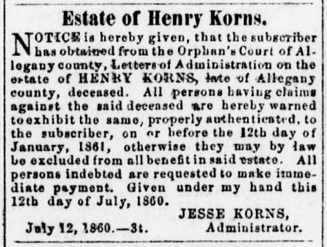 Henry Korns estate, Letters of Administration notice.