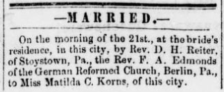 Rev. F. A. Edmonds and Matilda Korns marriage announcement.