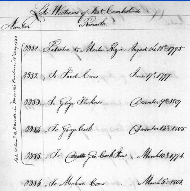Jacob & Michael Corns in Lots Westward of Fort Cumberland 1793-1903 Land Office list