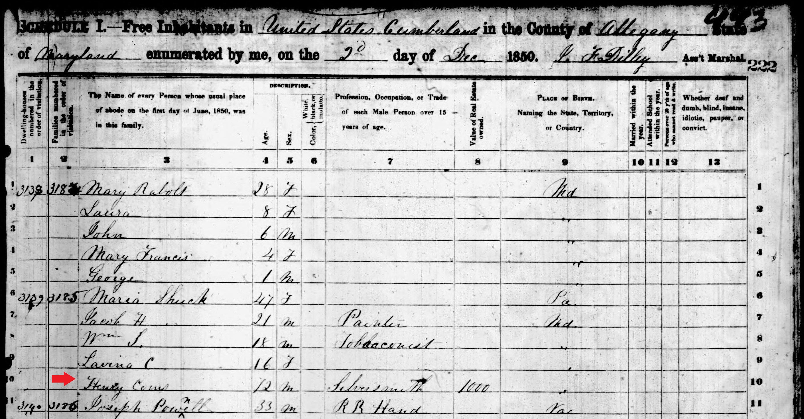 Henry Korns in 1850 census.
