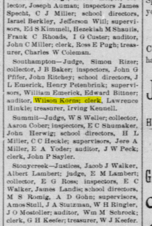 Wilson Korns, Township Clerk.