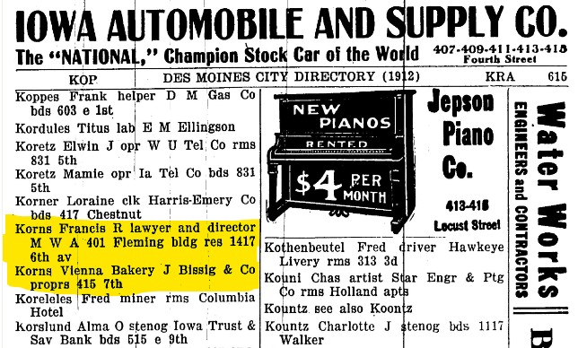 Korns Bakery listing, Des Moines, Iowa