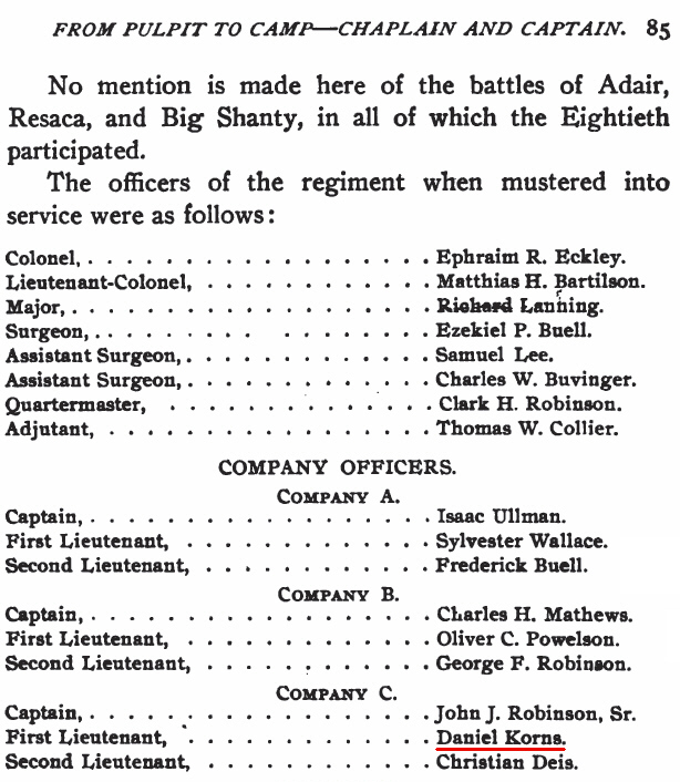 Daniel Korns, First Lieutenant, Company C, Eightieth Ohio 