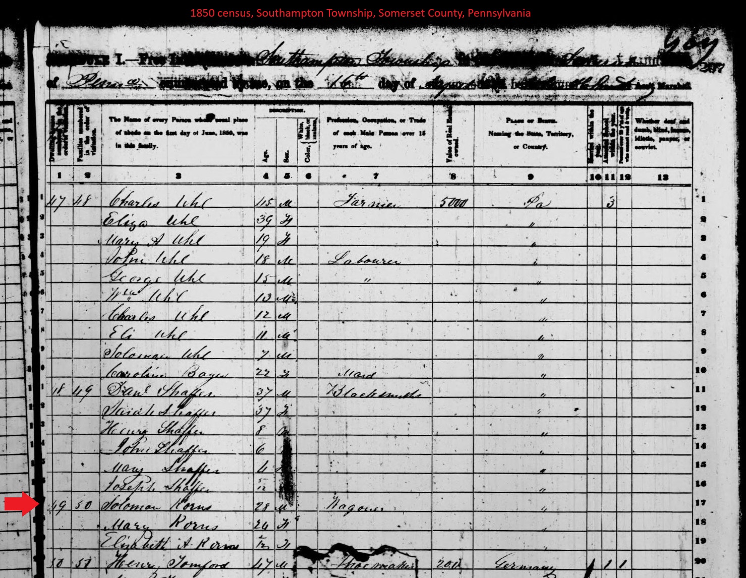 Solomon Korns family in 1850 census