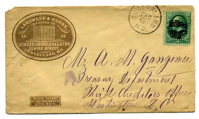  Landwher & Korns  Cameo envelope, Cumberland, Maryland.