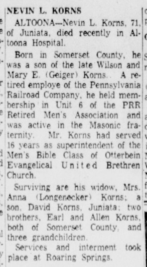 Obituary of Nevin Korns.