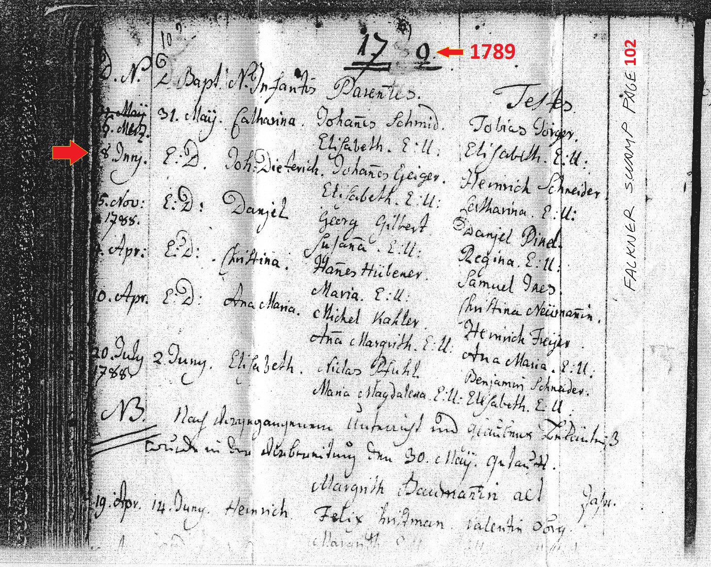 The top of page 102 of the Falkner church baptism record shows the parentage of Diederich Geiger.
