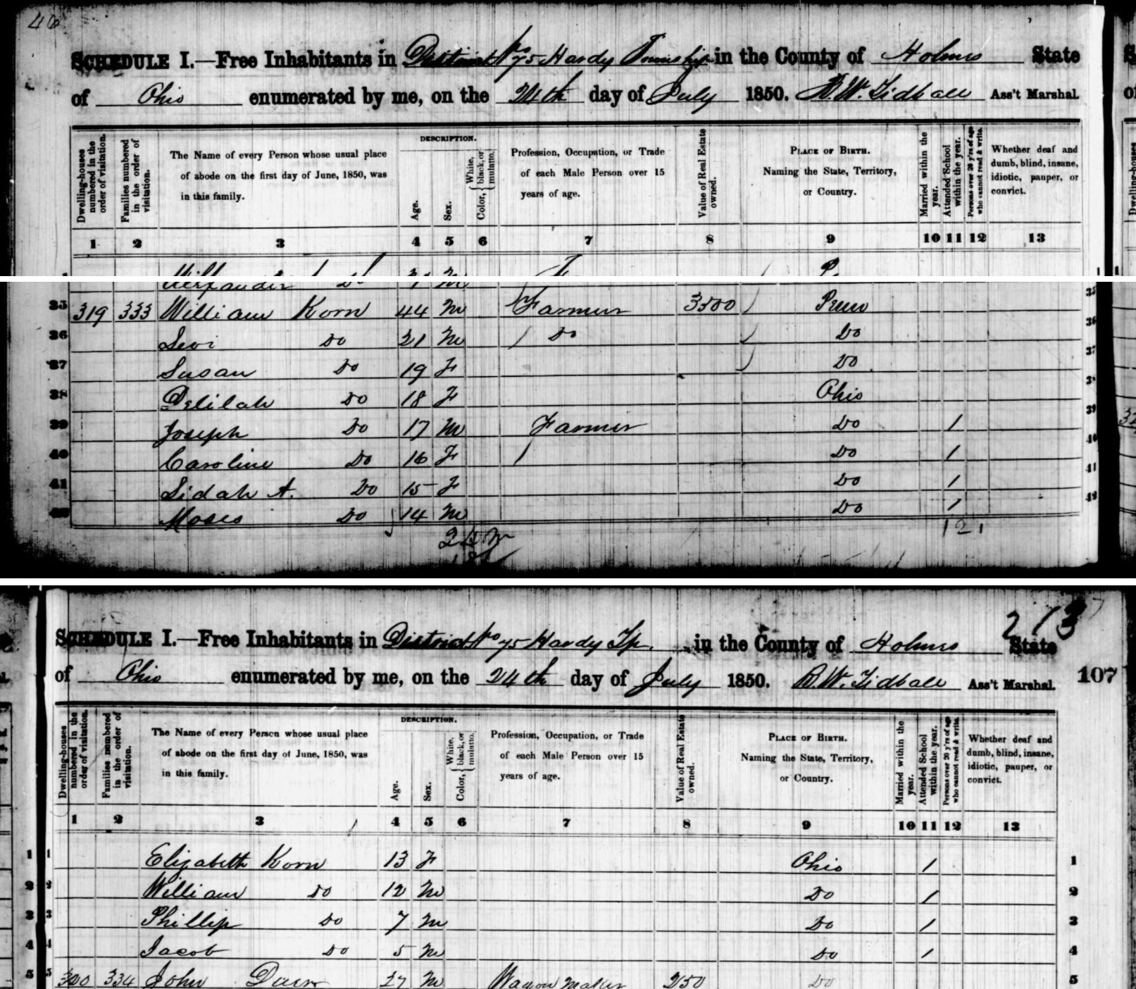 1850 Holmes County, Ohio census