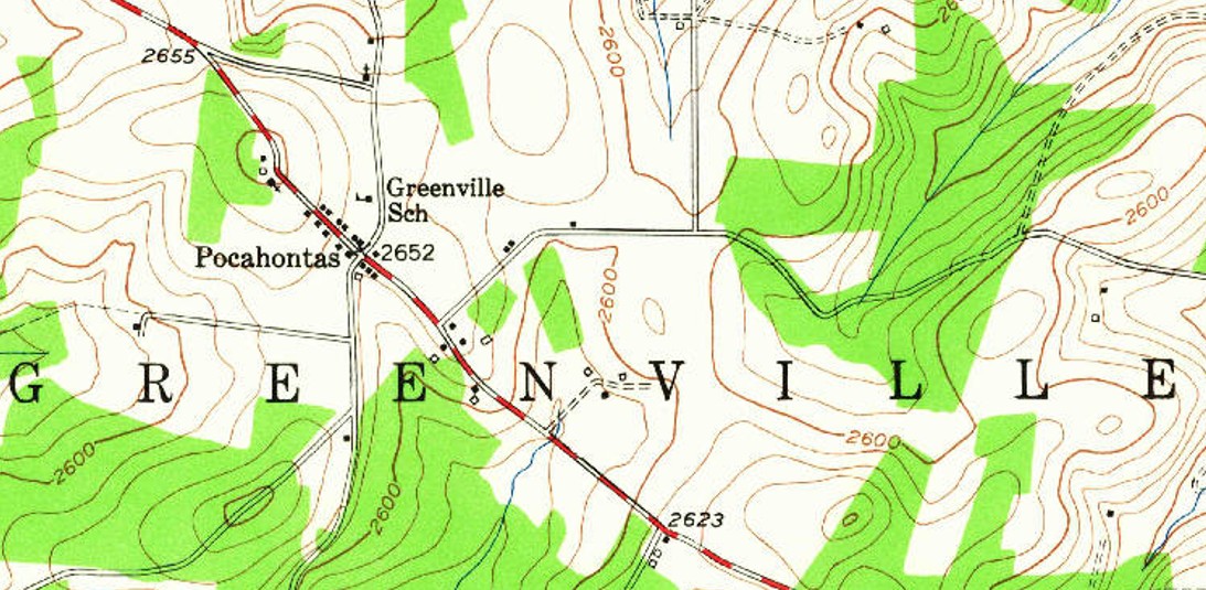 This excerpt from the 1966 edition of a 1949 topograpic map identifies the brick school building as the Greenville School.