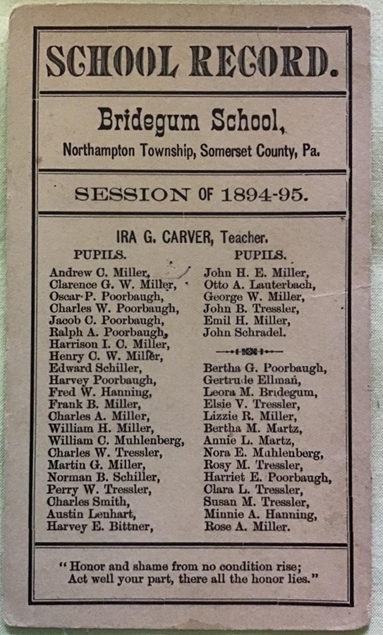 Bridegum school record card, 1894-95 school year.