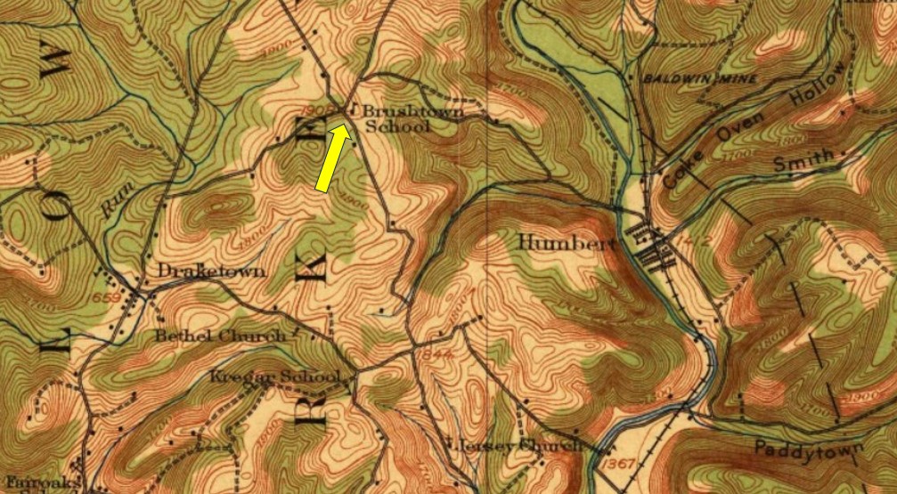 1922 topographical map identifies the location of the Brushtown School.