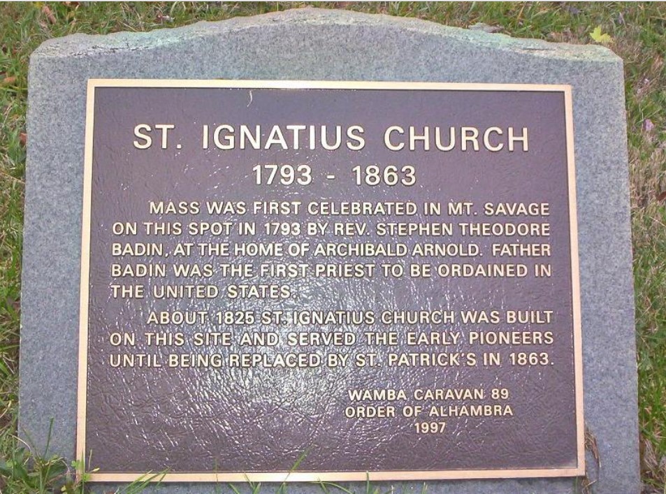 The bronze plaque at the  St. Ignatius Cemetery in Allegany County, Maryland.