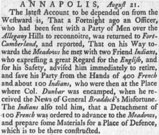 A 1755 newspaper article pertaining to the history of Western Maryland.